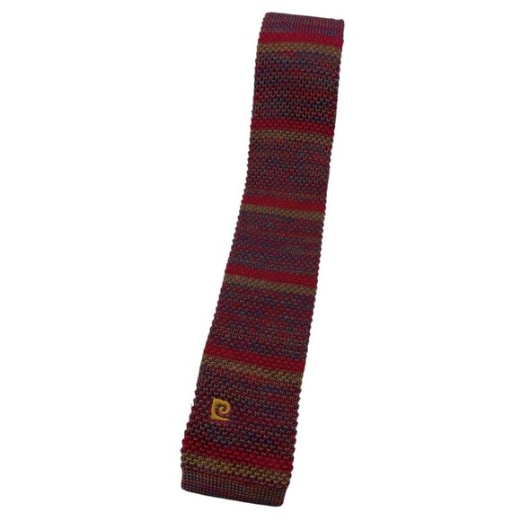 PIERRE CARDIN Men's Wool Knit Necktie LUXURY Red Blue Striped Logo W:1.7" EUC - Picture 1 of 4